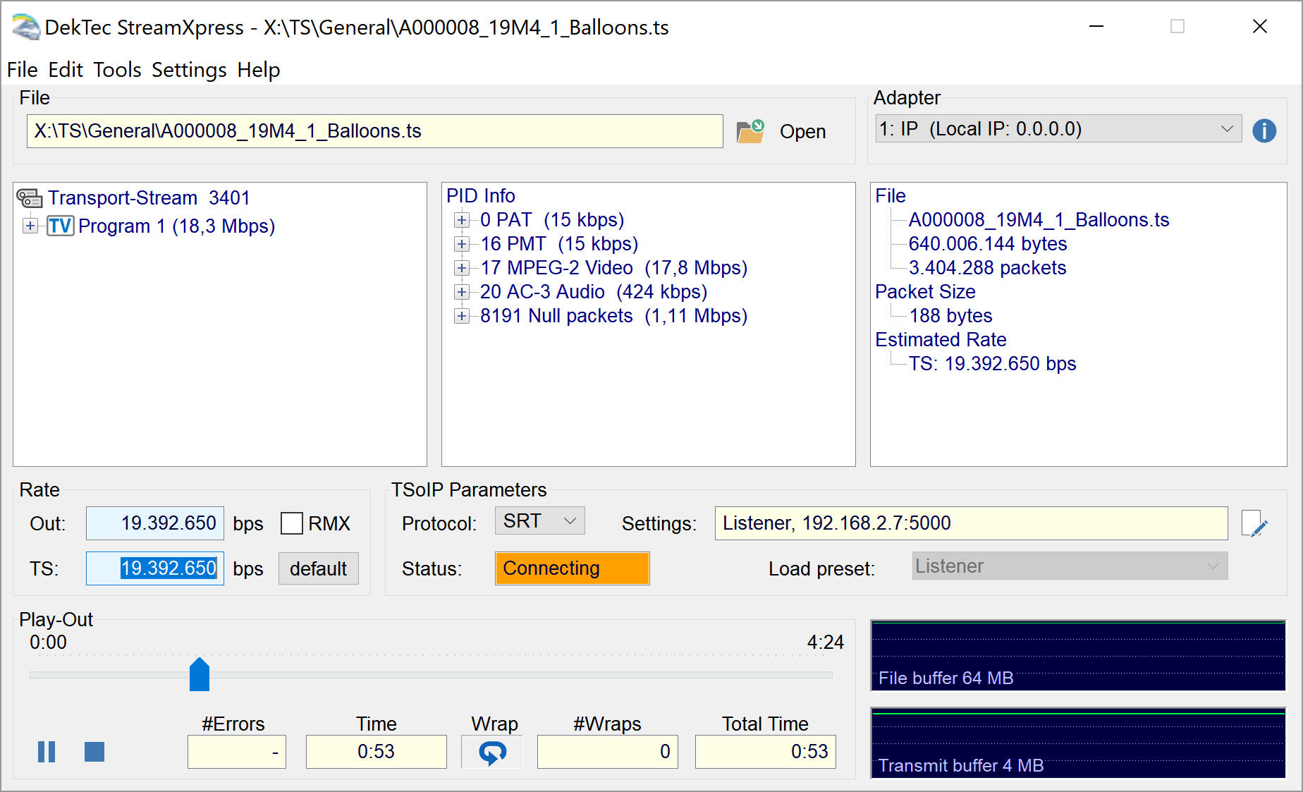 StreamXpress with SRT selected